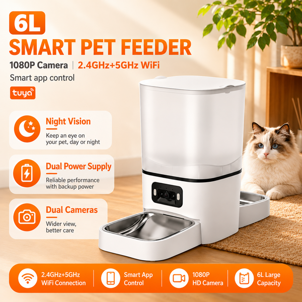 6L Doppelbehälter Automatischer Katzenfutterautomat, WLAN-Smart-Haustierfütterer mit Tuya App-Steuerung und 1080P HD Nachtsichtkamera, Unterstützt 2,4G/5G