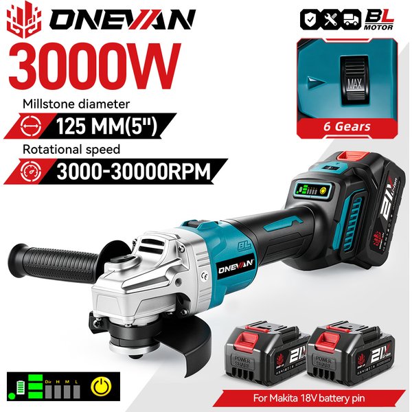 ONEVAN 125 MM Bürstenlosen Elektrischen Winkel Grinder 3000 W 6 Gang Polieren Cutter Metall Holz Power Tool Für Makita 18 V Batterie Pin