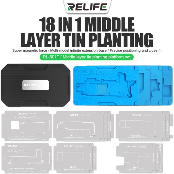 RELIFE RL-601T 18in1 Middle Layer Tin Planting Platform for IP X-14ProMax Set Motherboard Reballing Soldering Steel Mesh