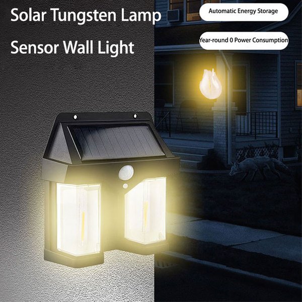 Applique murale LED solaire en tungstène avec détecteur de mouvement, 3 modes d'éclairage, étanche, lumière du soleil, jardin, cour, extérieur