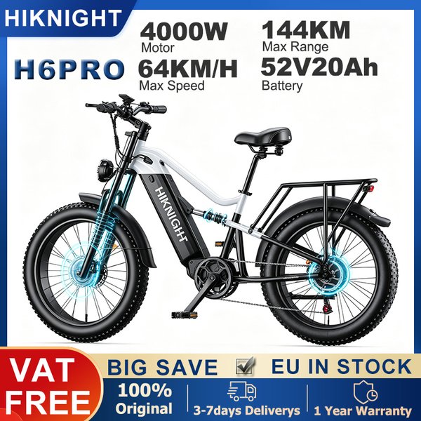 HIKNIGHT 64 km/h Höchstgeschwindigkeit Elektrofahrrad 4000W Motor 52V20Ah Batterie 144 km Reichweite 24x4 Zoll Fat Tire Mountain City H6PRO Elektrofahrrad