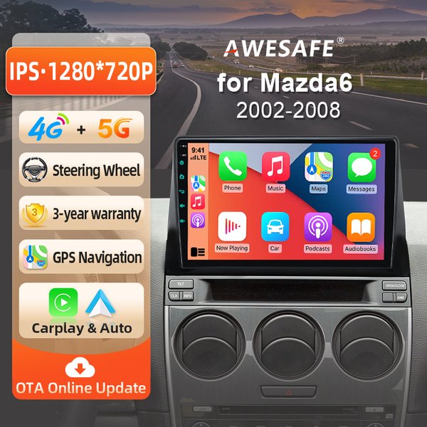 AWESAFE 10-Zoll-Android-Radio für Mazda 6 2002 - 2008, kabelloses CarPlay & Android Auto, GPS-Navigation, Multimedia, Unterstützung für Lenkradsteuerung, Subwoofer, Verstärker, Rückfahrkamera, EU