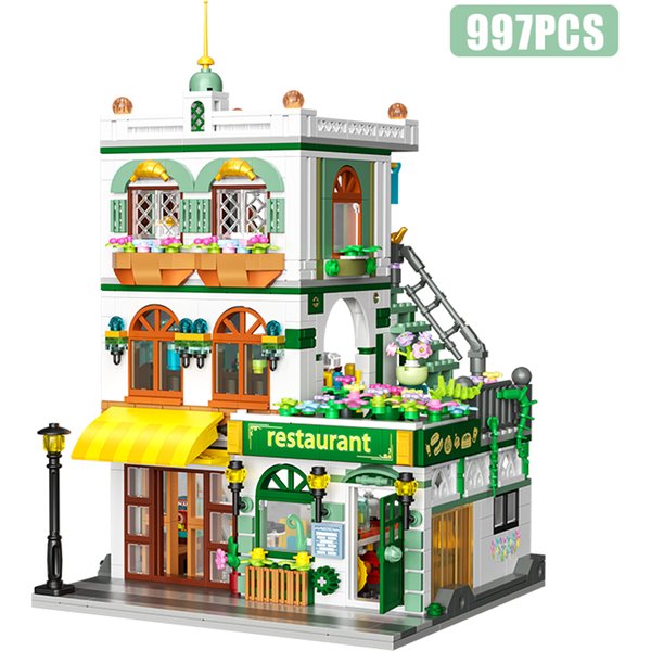 Kreative 997Pcs Street View Chinesischen Restaurant Modell Bausteine Stadt Drei Boden Architektur Mini Ziegel Spielzeug Für Kind Geschenk