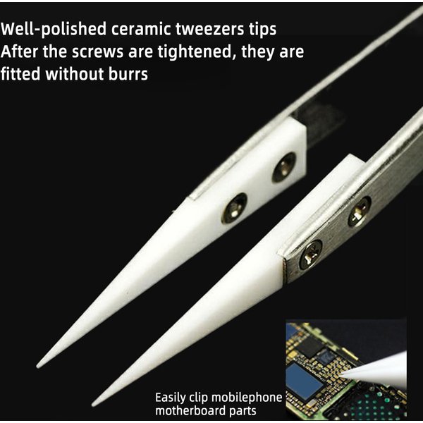 Anti-Static Ceramic Tweezers Stainless Steel Industrial Ceramic Tweezers Insulated Straight Tip Black-Whit Tweezers