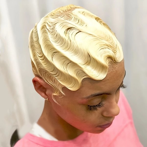 Perruque de cheveux humains brésiliens courts blonds, Texture ondulée, coupe Pixie, aspect naturel, pour femmes, entièrement faite à la Machine, 613