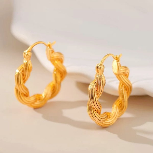 Woven Twist Earrings Women's 24K Gold AU999 - Face-slimming twist design, woven highlight, for outings and parties