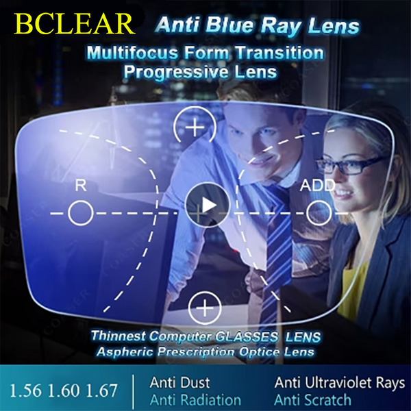 KLAR Hochwertige Anti-Blue-Ray-Linsen, freie Form, progressive verschreibungspflichtige Linse, weit in der Nähe von Block, UV-Blaulicht-Augenschutz