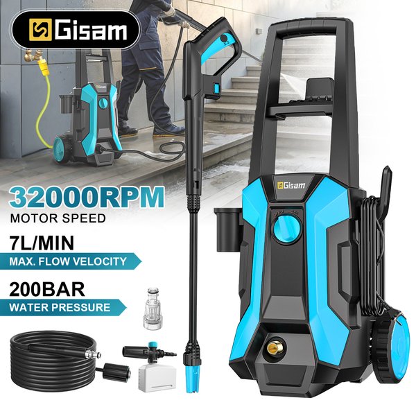 Gisam 2200W Hochdruck-Autowäscher Spritzpistole Gartenwaschmaschine 200Bar Handreiniger mit 10m Schlauch, für Auto, Haus und Garten