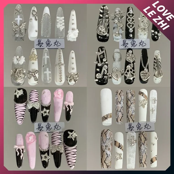 Y2K Spicy Girl Langer Stiletto-Sarg, handgefertigt, zum Aufdrücken der Nägel, Metall-Stil, Kette, Diamant-Schmetterlingsblumen, vollständige Abdeckung, künstliche Nägel
