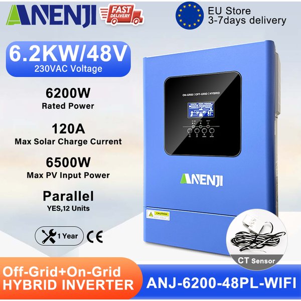 ANENJI 6.2KW 48V Hybrydowy Inwerter Solarny Równoległy Fotowoltaiczny Sieciowy Inwerter MPPT Czysta Sinusoida 220V 120A Ładowarka Solarna PV 500V