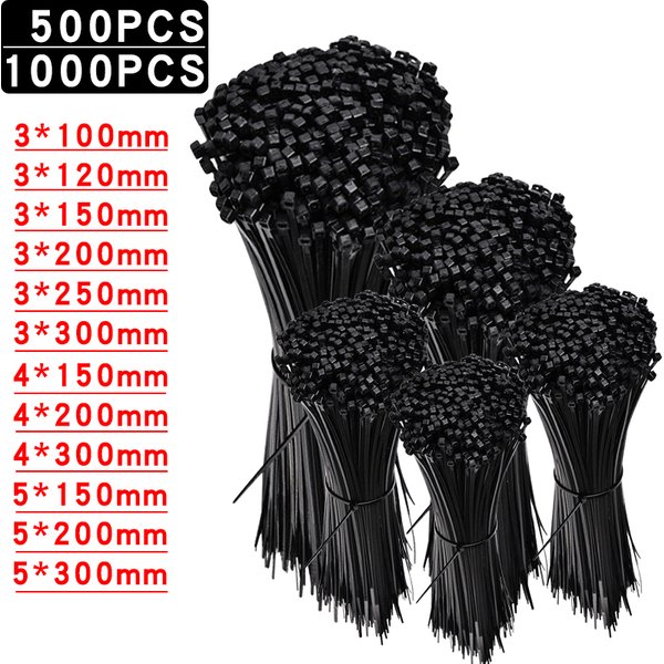 500/1000pcs selbstsicher nde Kunststoff-Nylon binder schwarze Reiß verschluss bänder Riemen Nylon-Kabelbinder-Set Befestigungs ring Schlaufe Draht wickel