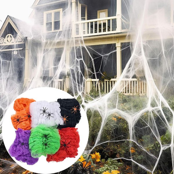 Pajęczyna na Halloween, sztuczna pajęczyna, elastyczna pajęczyna z pająkami, dekoracja do domu w stylu horror, gotyckim, nawiedzonego domu.