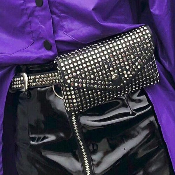 Petit sac de taille polyvalent pour téléphone portable, nouvelle mode, Style Punk, Rivet, ceinture noire, sac de Style, décoration de ceinture Fine pour femmes