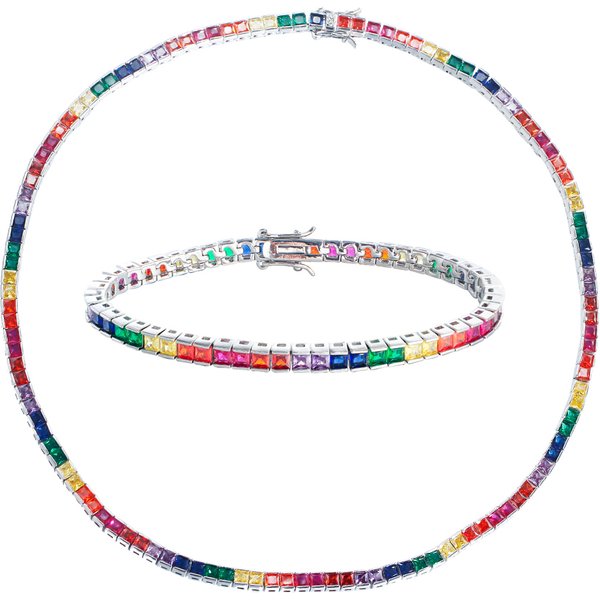 CWWcontre-contre-indiqué ensemble de bijoux pour femme, nouvelle mode, arc-en-ciel carré cubique, rond, collier de tennis, bracelet, tenue de fête, T0909, 2 pièces