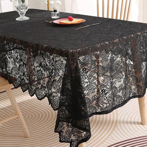 Schwarze französische Spitzentischdecke mit Phönix-Schwanzmuster für Wohnzimmer- und Esstischdekoration