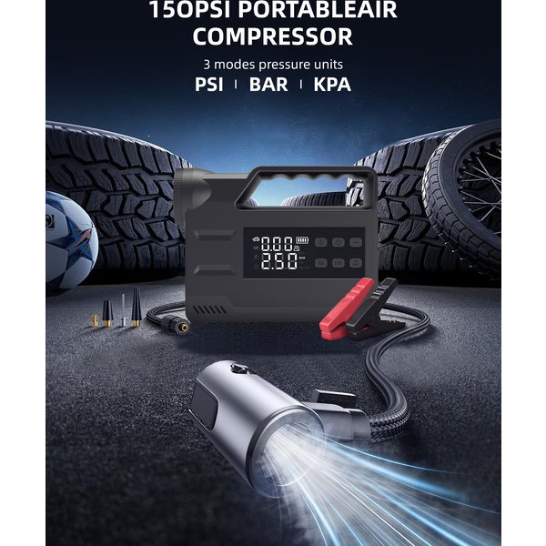 12V Rozrusznik samochodowy z wbudowanym pompą do opon, przenośny, wielofunkcyjny zestaw do rozruszania i pompowania opon, power bank USB-C, latarka LED z funkcją pomiaru ciśnienia w oponach do użytku