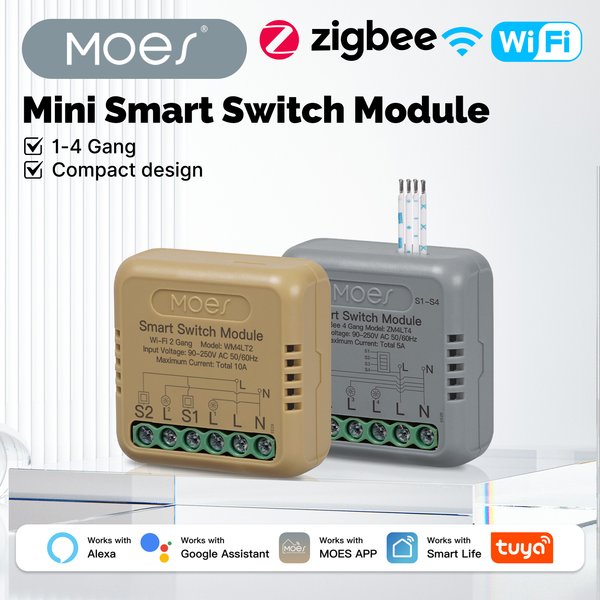MOES Mini commutateur intelligent 1-4 Gang, Module WiFi/Zigbee bricolage, fonctionne avec Alexa et Google Home, minuterie et commande vocale, domotique
