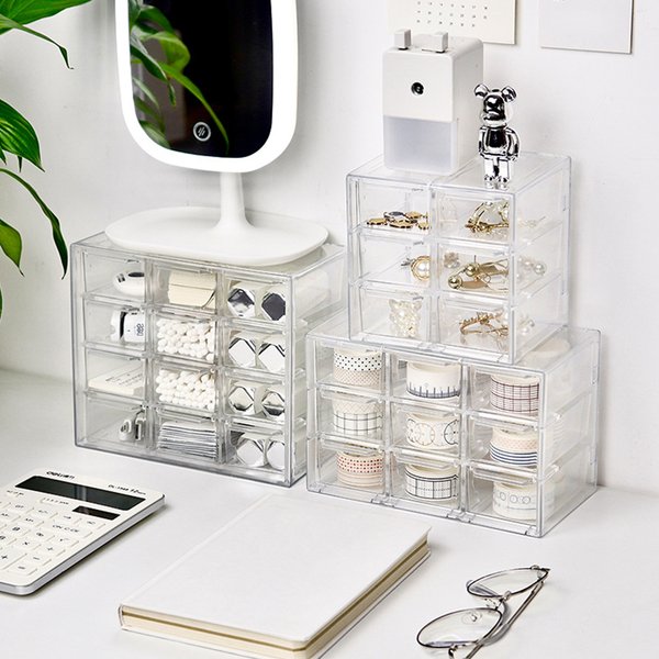 Boîte à bijoux de bureau transparente multi-grilles, boîte de rangement anti-poussière pour rouge à lèvres et cosmétiques, MELType
