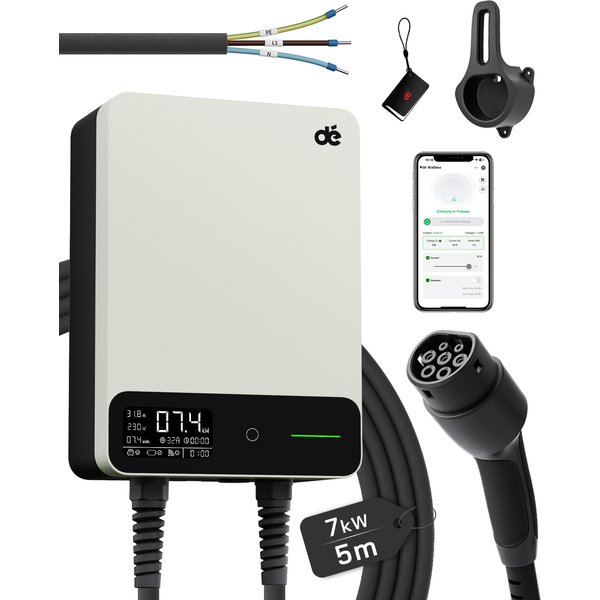 dé 7kW Wallbox Typ 2 32A 1-phasig Tuya App Fernbedienung Elektroauto-Ladegerät RFID-Karte EVSE Heimladestation 5m 7,7m 10m 12,5m 15m Kabeloption Weiß