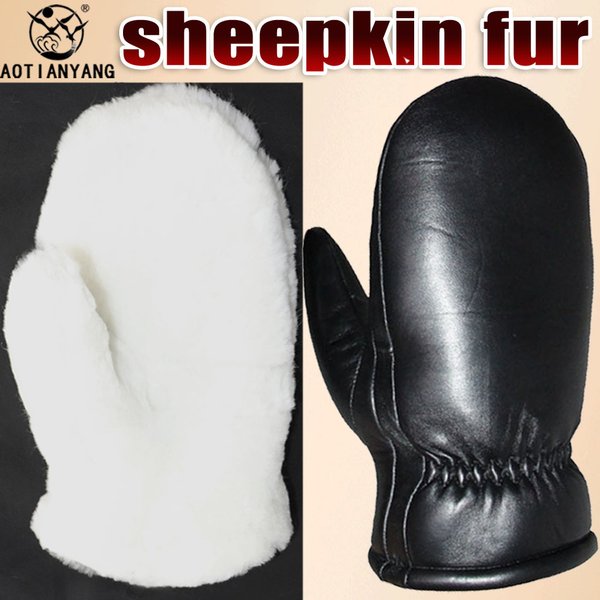 Mitaines pour hommes en laine naturelle, mitaines épaisses coupe-vent d'hiver, résistantes au froid et chaudes en fourrure naturelle, gants de vélo en cuir de mouton véritable, gants en fourrure