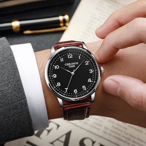 CHRONOS-Montre-bracelet en cuir et acier inoxydable pour homme, montres à quartz, marque de luxe, mode décontractée, cadeaux
