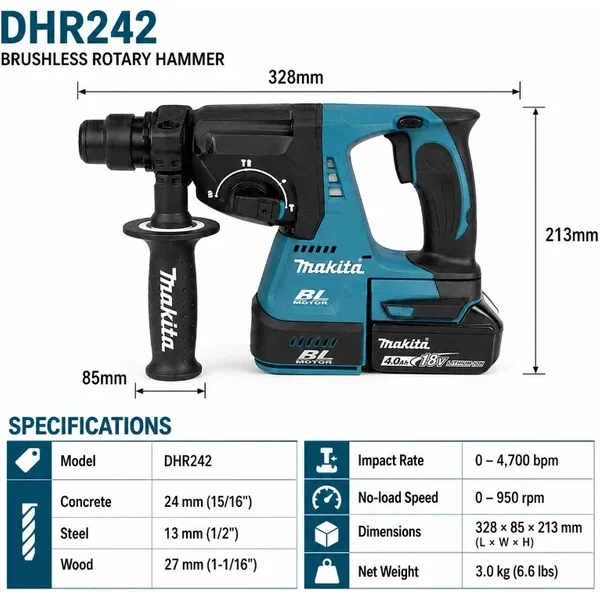 Oryginalny bezszczotkowy młotowiertarka Makita DHR242 18V z akumulatorem Makita 6.0Ah, uchwyt SDS-Plus 24mm, 3 tryby pracy, siła uderzenia 2.0J, profesjonalne narzędzie do betonu, magazyn w UE.
