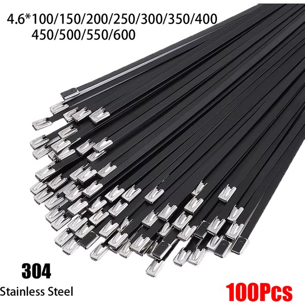 100Pcs 304#Stainless Steel Metal Black Cable Ties Self-locking High Temperature Resistance Oxidation Resistance 4.6mm Ties