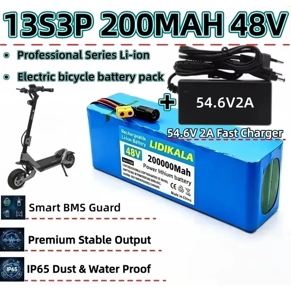 LIDIKALA 48V 200Ah 13S3P Hochleistungs-Lithium-Ionen-Akku, eingebauter BMS-Schutz, 54,6V Voltspannung für 500W-2000W Motor, Ersatzakku für städtische Elektrofahrräder mit XT60-Anschluss.