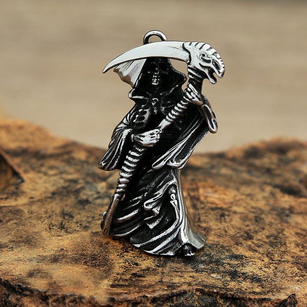 Retro Gothic Grim Reaper Scythe Skull Pendant Punk Motorbike Men Stainless Steel Skull Amulet Necklace Fashion Jewelry Wholesale