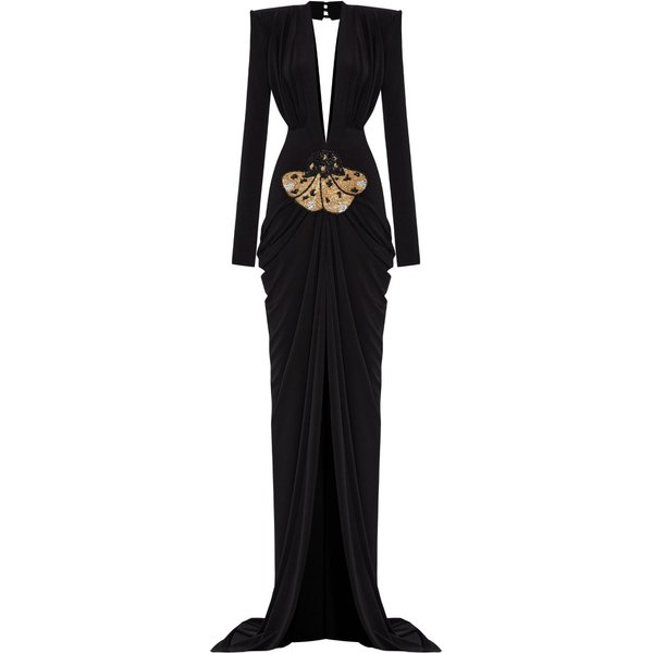 Robe Sexy à manches longues pour femmes, décolleté en v profond, perles brillantes, moulante, longueur au sol, tenue de soirée, de bal, de Cocktail