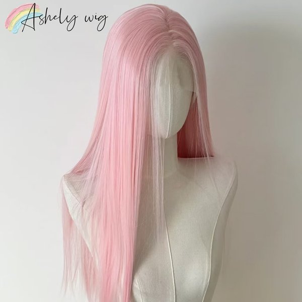 Hellrosa Perücke für Frauen, 13 x 4 Lace-Front-Perücke, 66 cm lange, gerade synthetische Perücken, weiche, natürliche, hitzebeständige Faser, Cosplay-Perücke