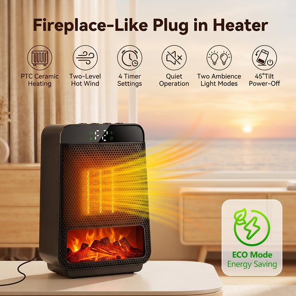 Portable Electric Space Heater 1000W PTC Ceramic Fan Heater with Flame Ambient Light 4 Timer ECO Mode for Bedroom Office Desk
