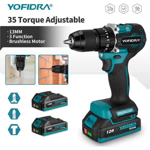YOFIDRA 13 MM Bürstenlosen Elektrischen Schlagbohrmaschine 35 + 3 Drehmoment Cordless Holzbearbeitung Schraubendreher Power Tool Für Makita Batterie pin