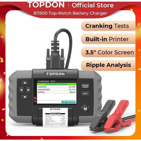 TOPDON BT600 12V 24V Autobatterietester Blei-Säure-Fahrzeug-Automobil-Analysator mit integriertem Thermodrucker Autobatterie-Werkzeug