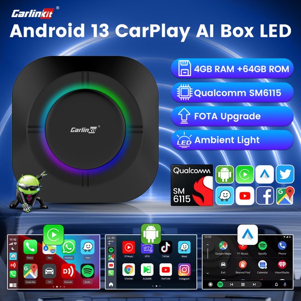 CarlinKit Android 13 LED AI Box Kabelloses CarPlay Kabellose Android Auto Smart Car Multimedia Box Qualcomm 8-Core Chip SD-Karte Erweiterbar auf 512 GB Unterstützt Online-Video