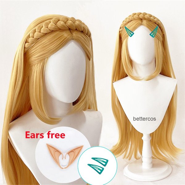Prinzessin Zelda Cosplay Perücke lange goldene blonde geflochtene hitze beständige synthetische Haar Perücken Perücke Kappe Ohren