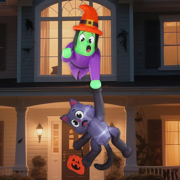 Sloosh 8FT Hohe Hexe und Schwarze Katze Halloween Aufblasbare Dachdekoration Aufblasbare Dekoration mit LED-Lichtern Riesige Halloween-Aufblasfiguren für Außenbereich, Hof, Dach, Innenbereich, Garten,