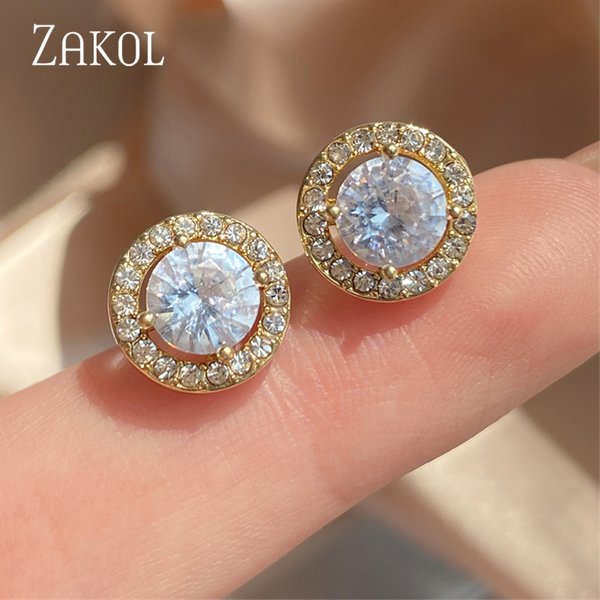 ZAKOL Simple couleur blanche petites boucles d'oreilles pour les femmes de mariage élégant AAA Zircon cristal rond bijoux