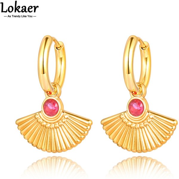 Lokaer 18K plaqué or forme d'éventail gros cerceaux ouverts boucles d'oreilles bleu vert blanc zircon cubique boucles d'oreilles pour femmes filles E22160