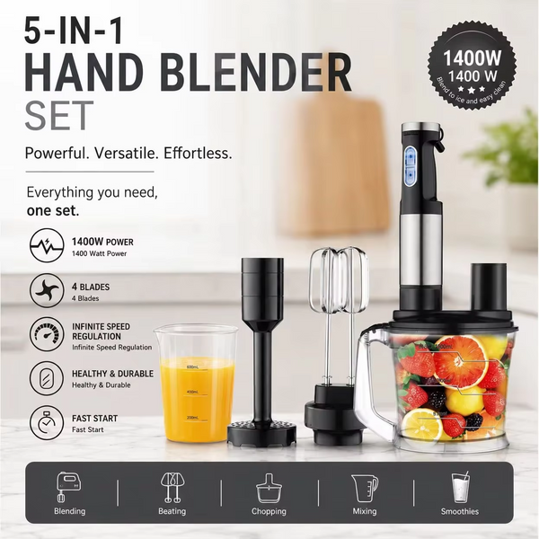 5-in-1 Stabmixer 1400W Mixer mit 304 Edelstahlklinge, Küchenmaschine für Smoothies, Püree, Babynahrung