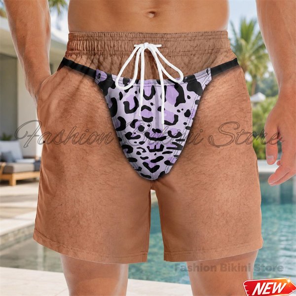 Lustige Badehose für Herren, 3D-Druck, Leopardenmuster, Kunstfell, Sommerurlaub, Strandshorts, Hawaii-Reisegeschenk für Männer, Surfbrett-Shorts