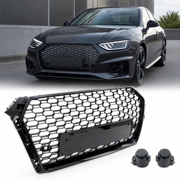 Wabengrill mit Radarsensorkappen, emblemlos, Ersatzgrill passend für Audi A4 B9 2015-2019, glänzend Schwarz, Racing-Grills