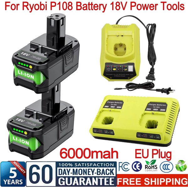 Bonacell 6000 mAh für RYOBI 18 V Li-Ion-Ersatz für P108 P107 P108 RB18L50 RB18L20 Elektrowerkzeug-Akku und Ladegerät