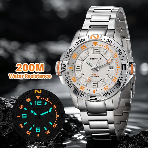 Montre de plongée automatique pour homme BERNY, 20 ATM, avec boussole, lunette rotative, saphir super lumineux, revêtement antireflet, montre de luxe et tendance pour homme, idéale pour l'extérieur