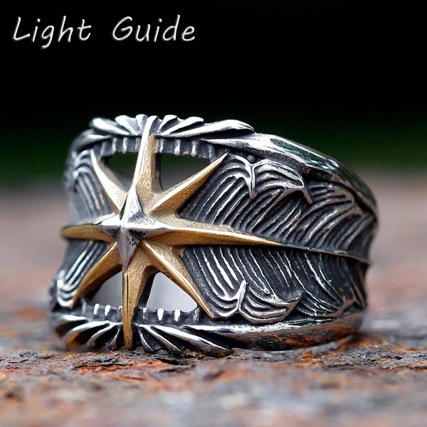 2023 Octagram Ring 316L Stainless Steel Feather Men Ring Hollow Punk Rock Rap for Biker Male Friend Jewelry Creative Gift R-1201