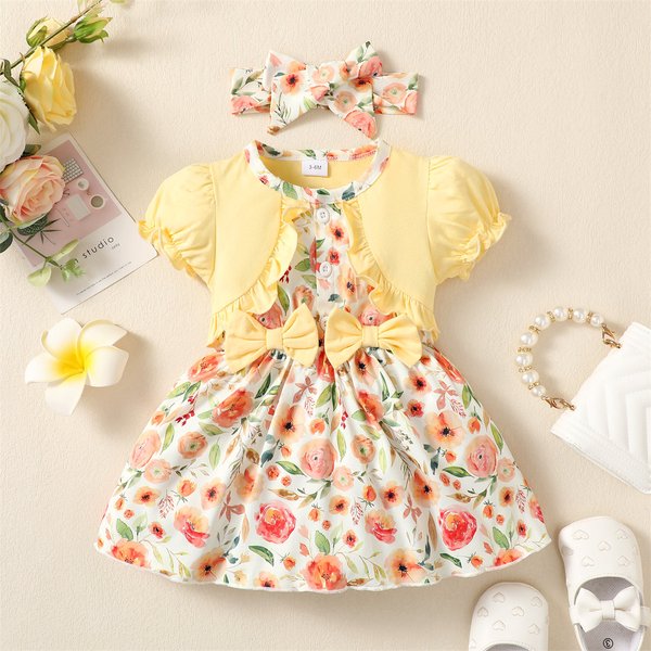 3-24 Months Newborn Baby Girl Lovely Korean Dress Bubble Sleeved Floral Princess Dresses with Headband Girl's Daily Skirt