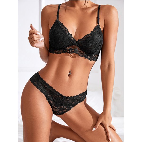 BANNIROU-Ensemble de lingerie sexy en dentelle pour femme, soutien-gorge transparent, string, 1 ensemble