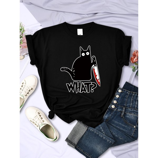 Kitchen Knife Black Cat Wha? Print Female Short Sleeve Fashion Breathable T-Shirts Summer Cool Tee Clothes Street Hip Hop Tops