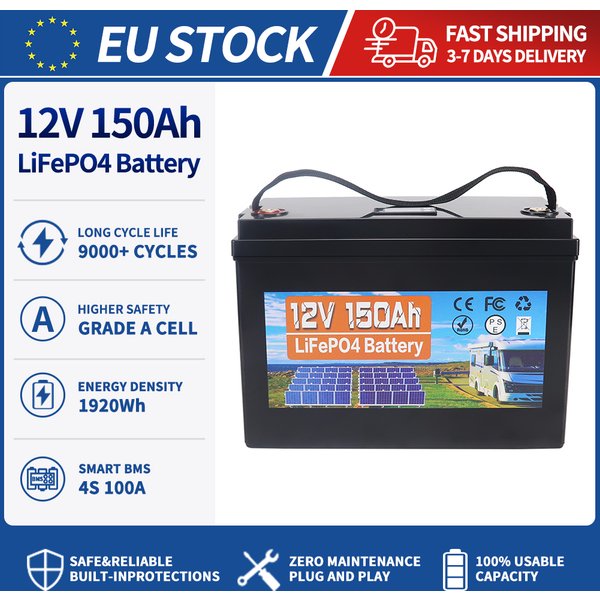 12V 150Ah LiFePO4-Batterie, 100A BMS, wiederaufladbare Lithium-Eisenphosphat-Batterie, Kapazität 1920Wh, Schutz bei niedrigen Temperaturen, für Transporter, Golfwagen, Boote, Wohnmobile, Camping,