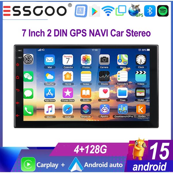 ESSGOO 7 Zoll Universal 4+128GB Android 15 Kabellos Carplay Android auto 2 DIN GPS-Navigation WLAN RDS Bluetooth FM RDS ASP Sound Lenkradsteuerung Geteilter Bildschirm Autoradio Multimedia-Player